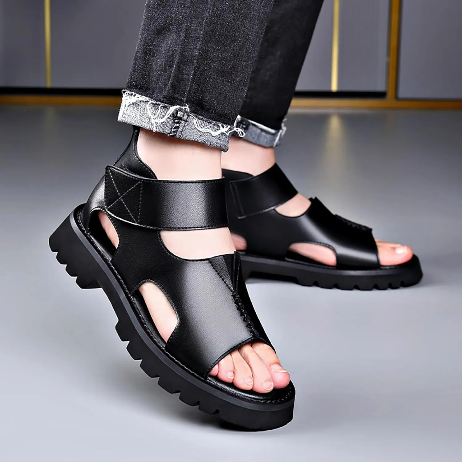 Men's Genuine Leather Round Open Toe Platform High Top Sandals Fashion Hook and Loop Fish Mouth Hollow Roman Sandals Summer Outdoorcasual Non-Slip Beach Walking Sandal Shoes