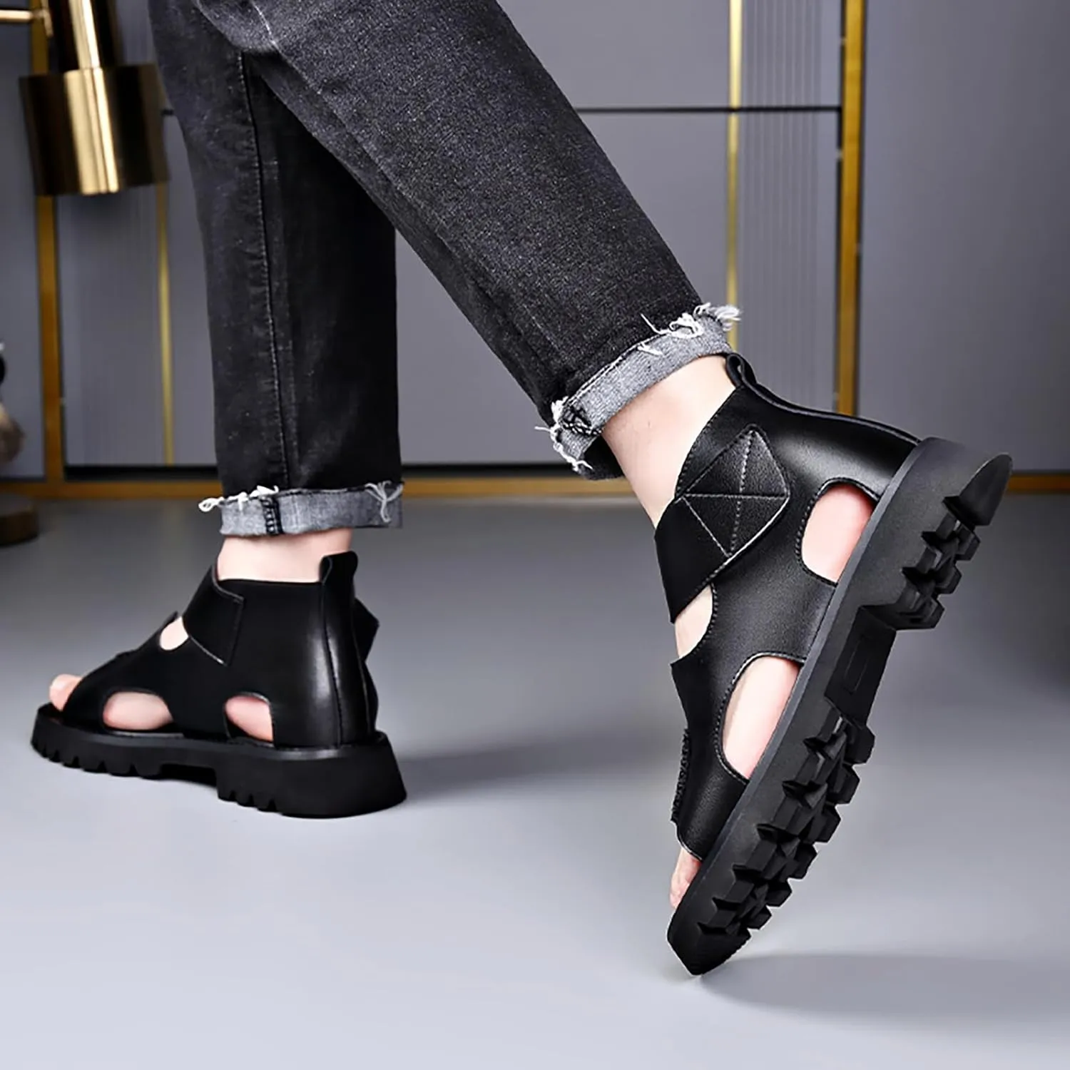 Men's Genuine Leather Round Open Toe Platform High Top Sandals Fashion Hook and Loop Fish Mouth Hollow Roman Sandals Summer Outdoorcasual Non-Slip Beach Walking Sandal Shoes
