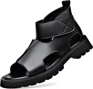 Men's Genuine Leather Round Open Toe Platform High Top Sandals Fashion Hook and Loop Fish Mouth Hollow Roman Sandals Summer Outdoorcasual Non-Slip Beach Walking Sandal Shoes