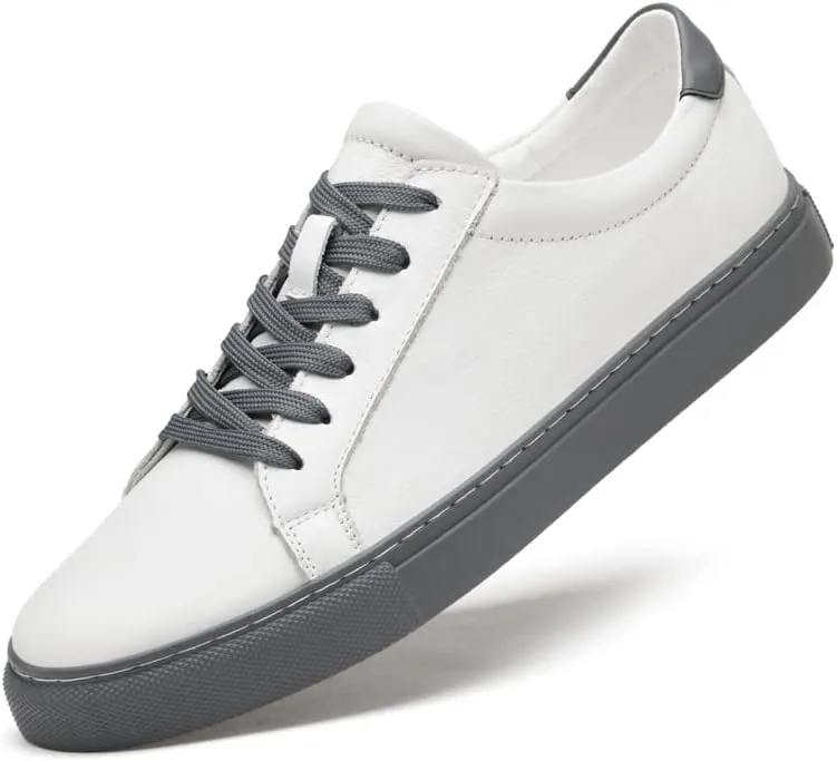 Men's Genuine Leather Sneakers, Casual Flat Skateboarding Shoes, Black, Large Sizes