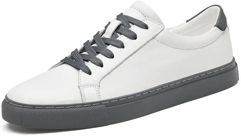Men's Genuine Leather Sneakers, Casual Flat Skateboarding Shoes, Black, Large Sizes
