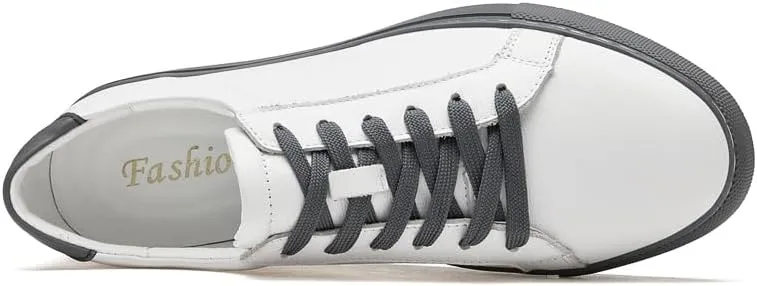 Men's Genuine Leather Sneakers, Casual Flat Skateboarding Shoes, Black, Large Sizes