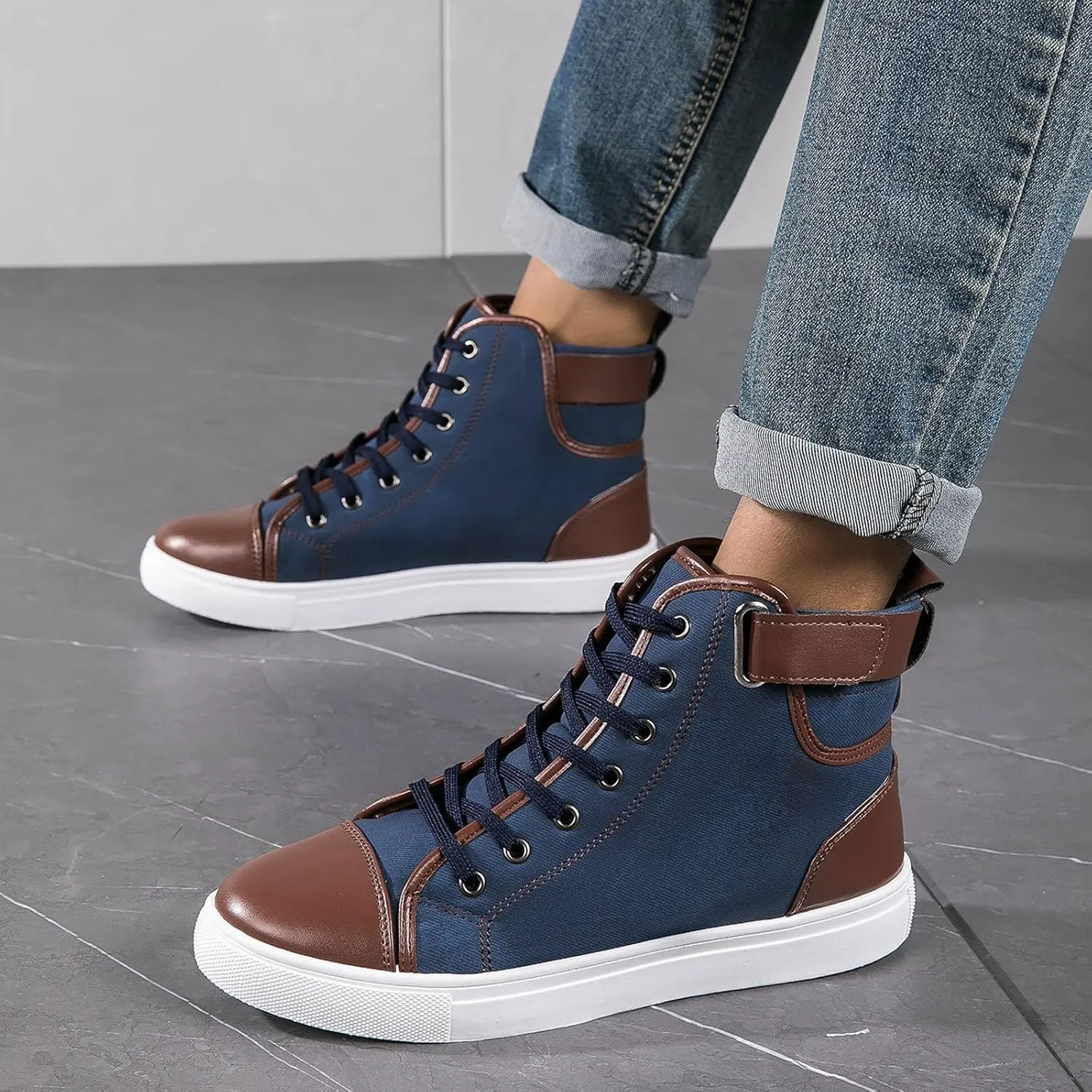 Men's High Top Board Shoes Leather Non Slip Walking Shoes Casual Lace Up Arch Support Shoes Mens Sneaker Boots Size 12