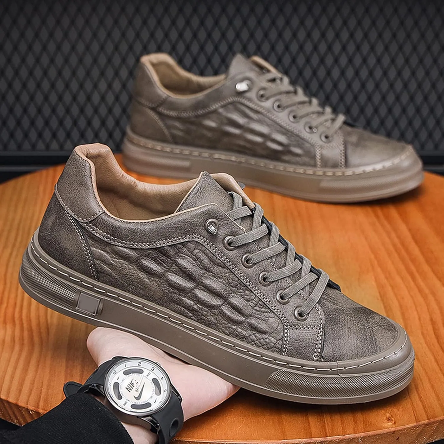 Men's Lace-Up Height Increasing Crocodile Sneakers Fashion Formal Leather Shoes,Thick Sole Comfortable Breathable Non-Slip Business Oxford Walking Shoes
