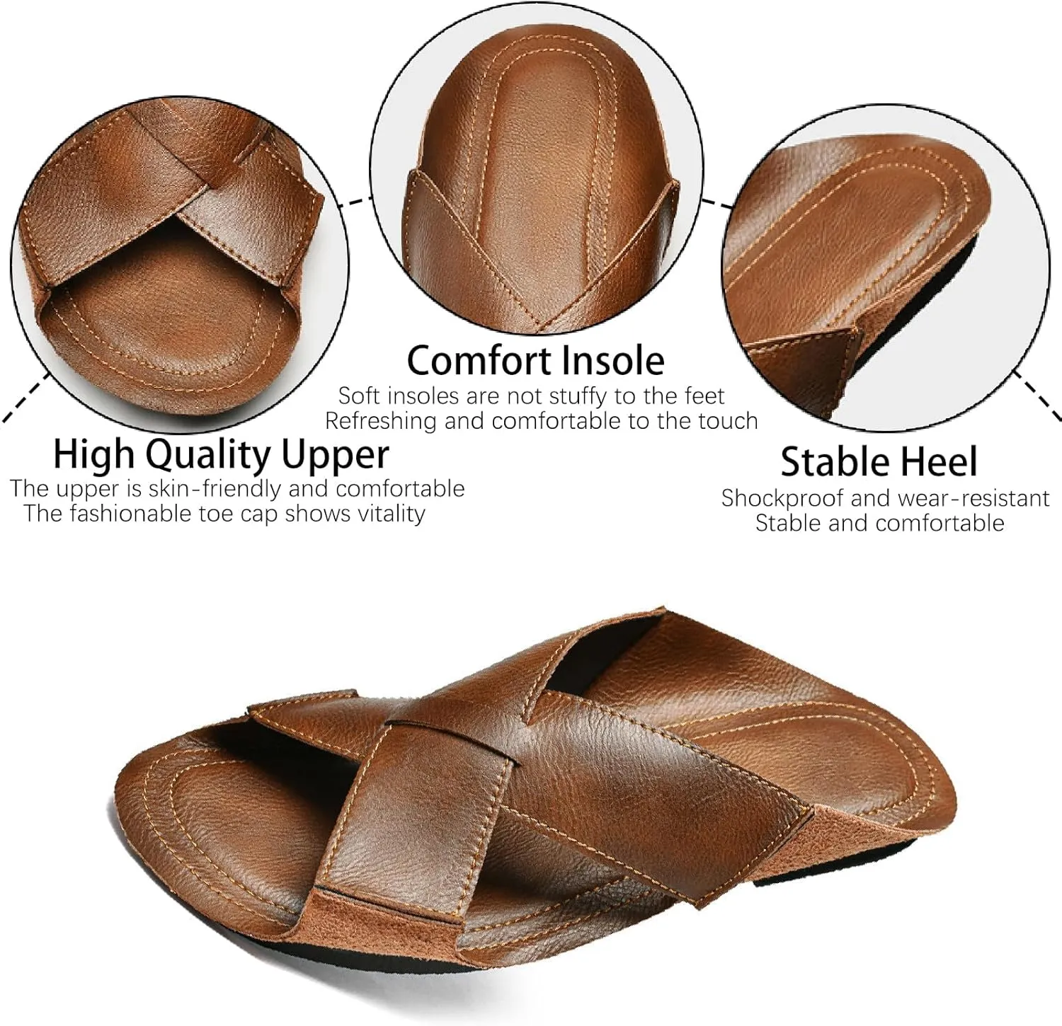 Men's Leather Cutout Flat Beach Slides Sandals Comfortable Lightweight Open Toe Anti-Slip Slip On Casual Water Sandals for Indoor & Outdoor Walking