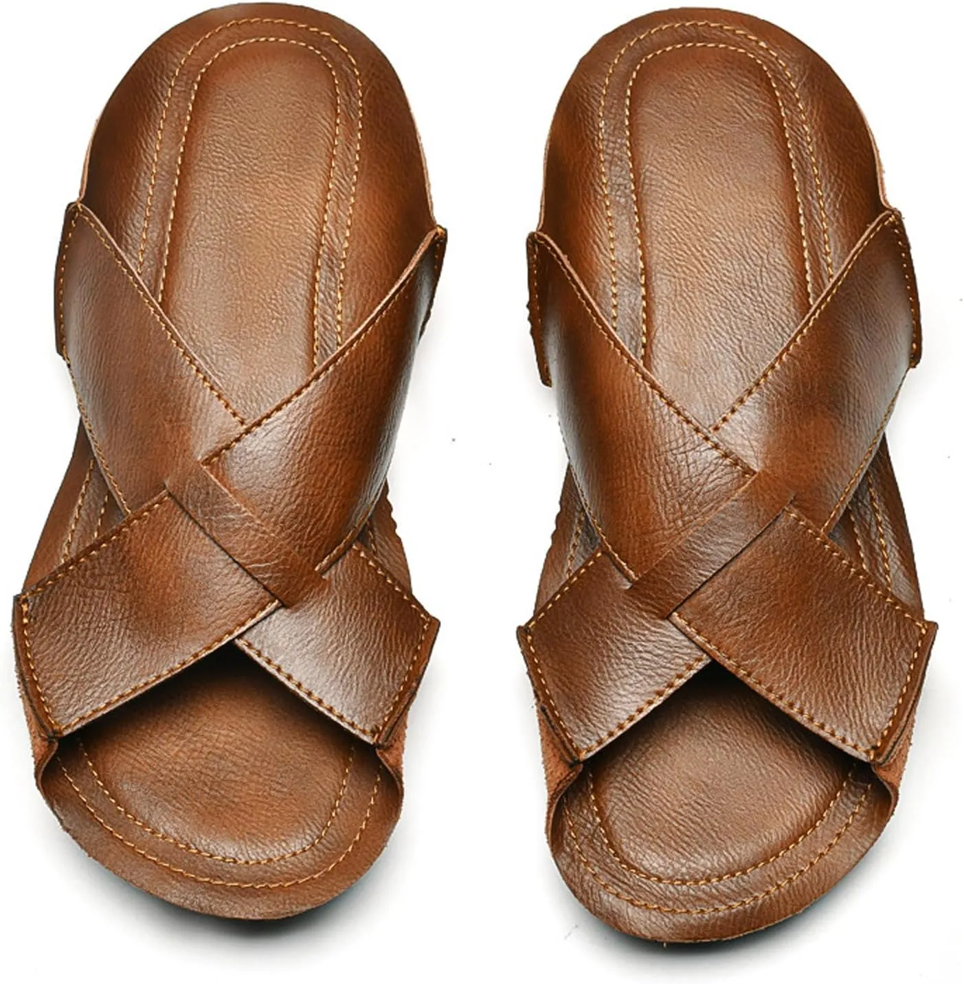 Men's Leather Cutout Flat Beach Slides Sandals Comfortable Lightweight Open Toe Anti-Slip Slip On Casual Water Sandals for Indoor & Outdoor Walking