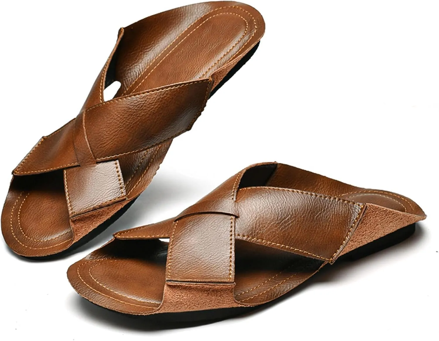 Men's Leather Cutout Flat Beach Slides Sandals Comfortable Lightweight Open Toe Anti-Slip Slip On Casual Water Sandals for Indoor & Outdoor Walking