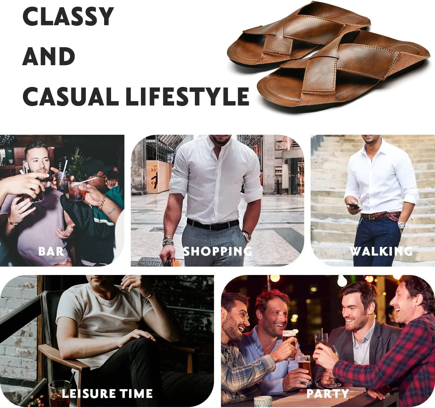 Men's Leather Cutout Flat Beach Slides Sandals Comfortable Lightweight Open Toe Anti-Slip Slip On Casual Water Sandals for Indoor & Outdoor Walking