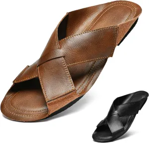 Men's Leather Cutout Flat Beach Slides Sandals Comfortable Lightweight Open Toe Anti-Slip Slip On Casual Water Sandals for Indoor & Outdoor Walking