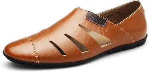 Men's Leather Hollow Out Sandals Comfortable Breathable Closed Toe Slip On Flat Loafers Business Work Casual Walking Shoes