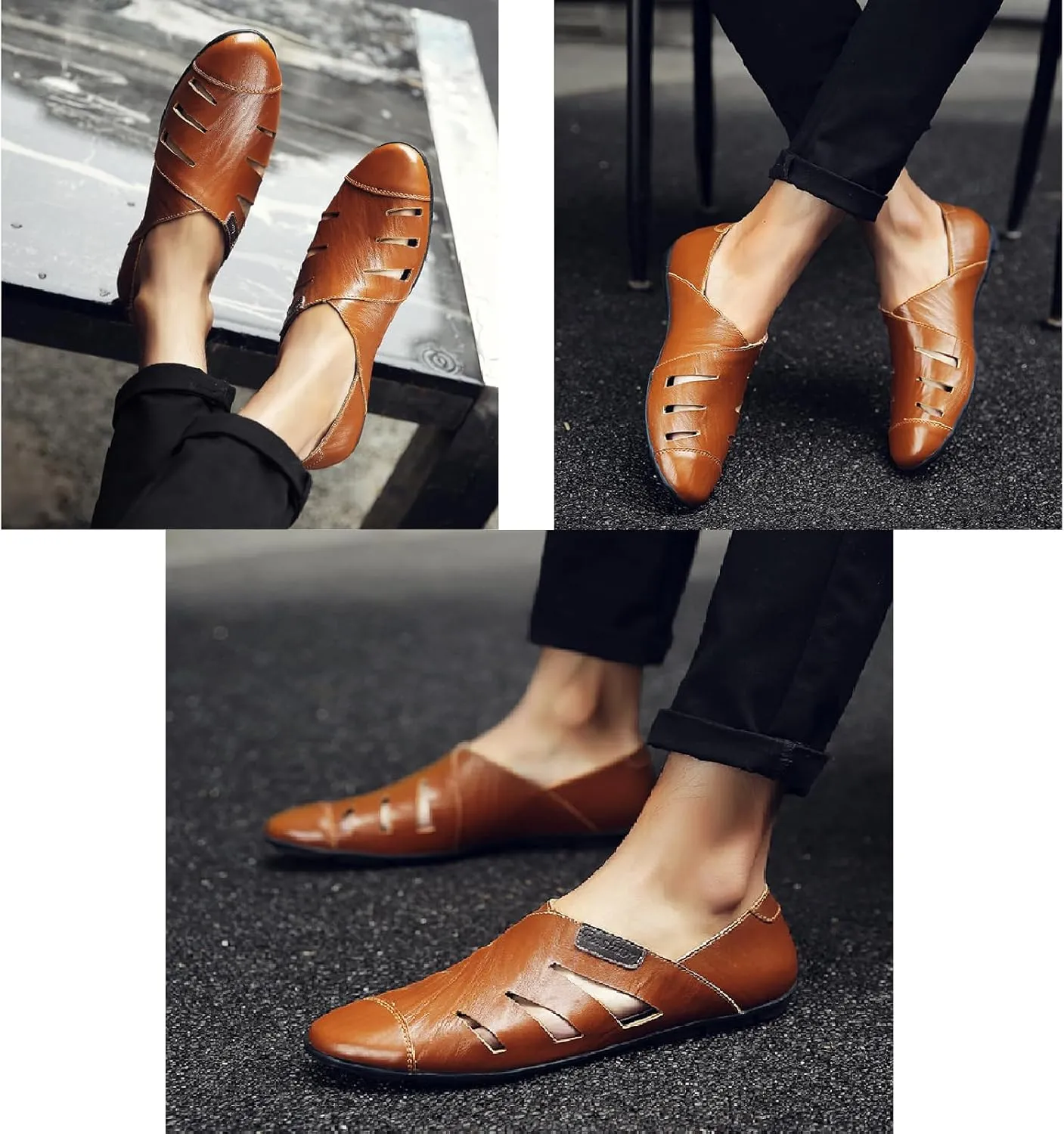 Men's Leather Hollow Out Sandals Comfortable Breathable Closed Toe Slip On Flat Loafers Business Work Casual Walking Shoes