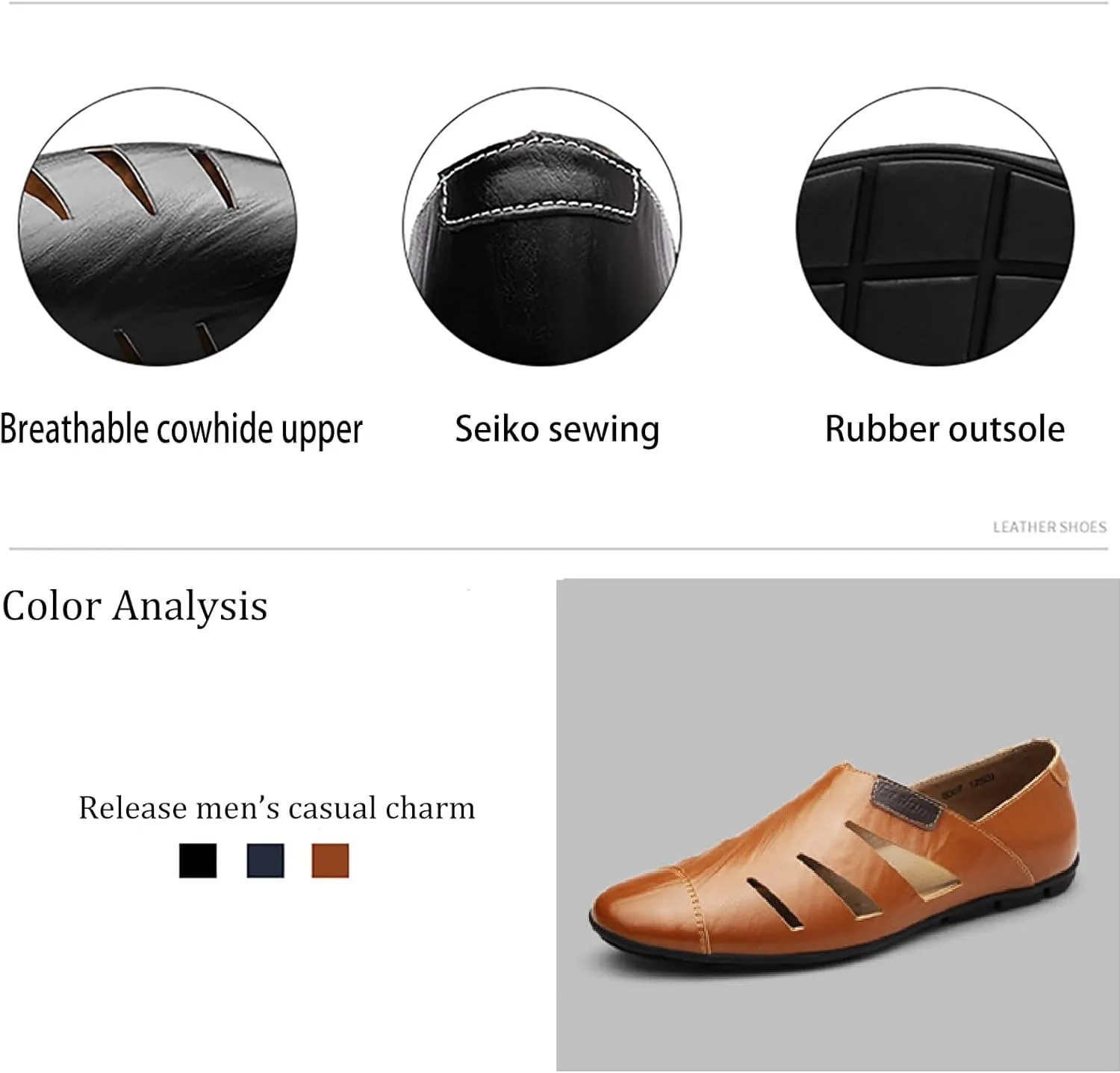 Men's Leather Hollow Out Sandals Comfortable Breathable Closed Toe Slip On Flat Loafers Business Work Casual Walking Shoes