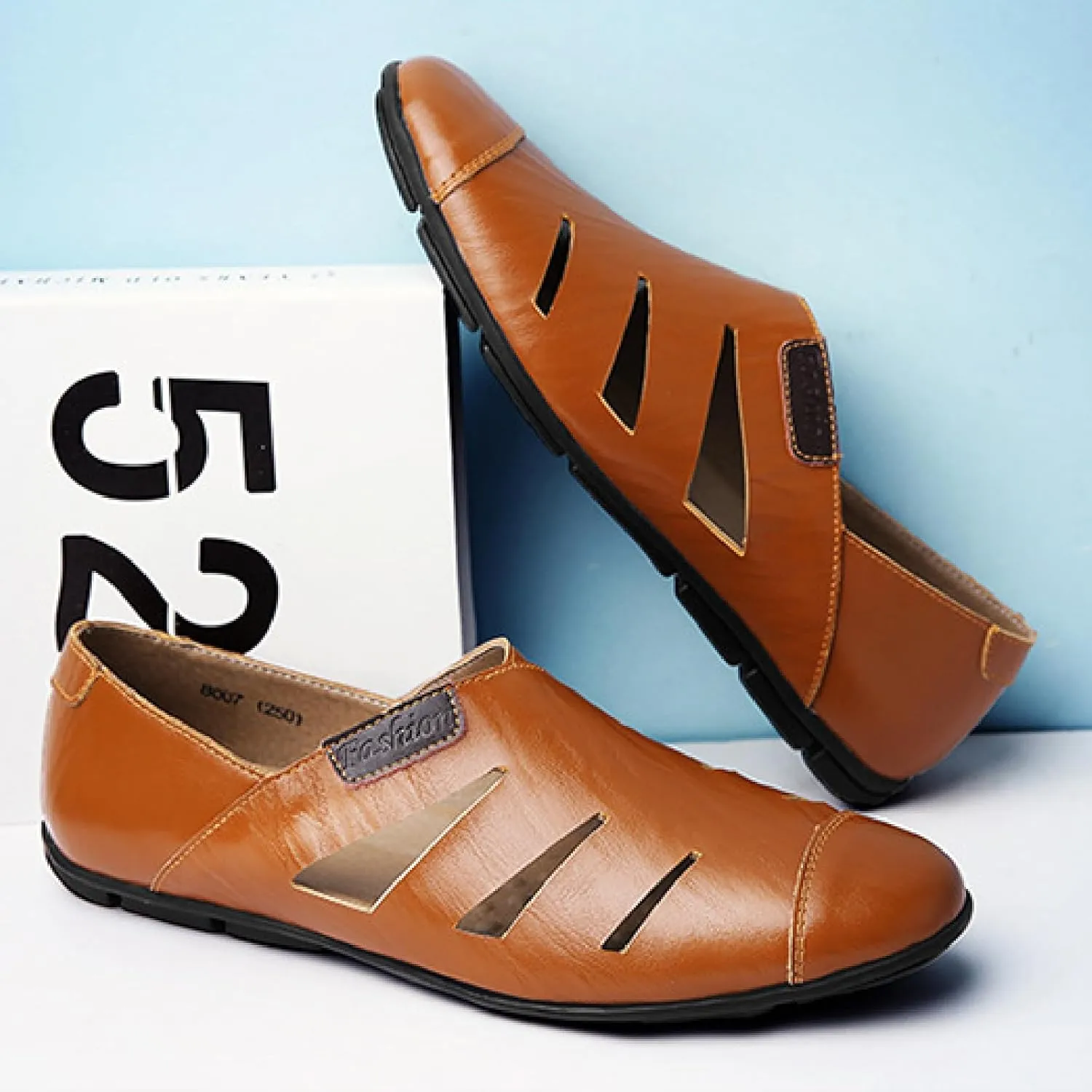 Men's Leather Hollow Out Sandals Comfortable Breathable Closed Toe Slip On Flat Loafers Business Work Casual Walking Shoes