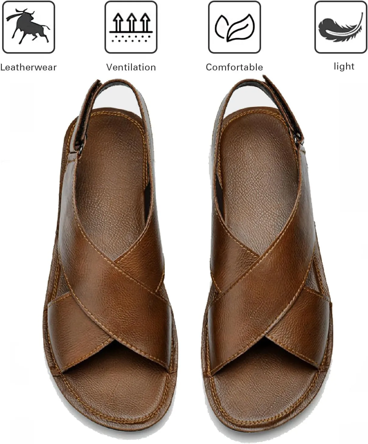Men's Leather Hook Loop Fisherman Sandals Casual Comfortable Open Toe Anti-Slip Flat Water Shoes Summer Outdoor Walking Beach Sandals