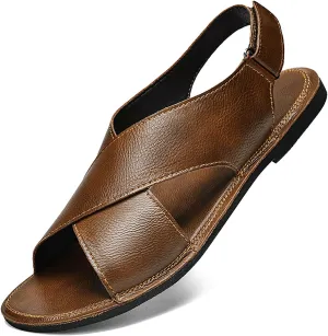 Men's Leather Hook Loop Fisherman Sandals Casual Comfortable Open Toe Anti-Slip Flat Water Shoes Summer Outdoor Walking Beach Sandals