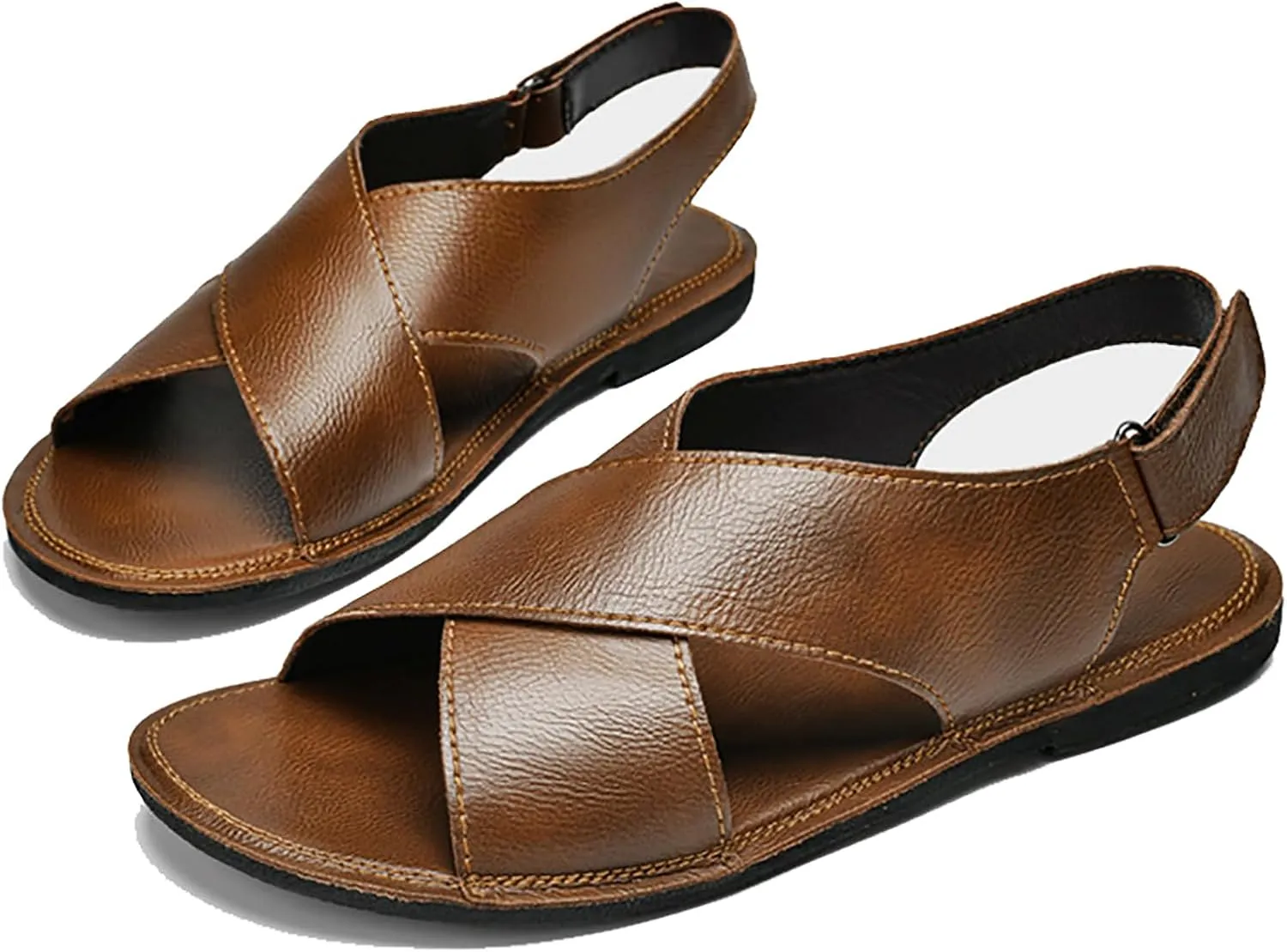 Men's Leather Hook Loop Fisherman Sandals Casual Comfortable Open Toe Anti-Slip Flat Water Shoes Summer Outdoor Walking Beach Sandals