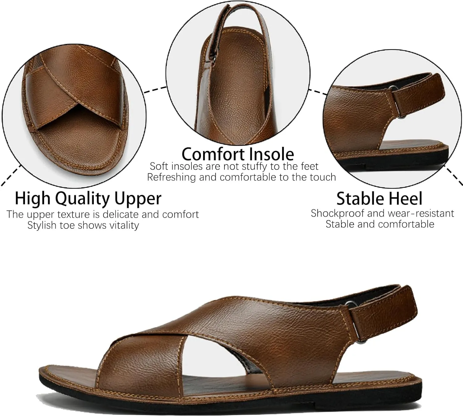 Men's Leather Hook Loop Fisherman Sandals Casual Comfortable Open Toe Anti-Slip Flat Water Shoes Summer Outdoor Walking Beach Sandals