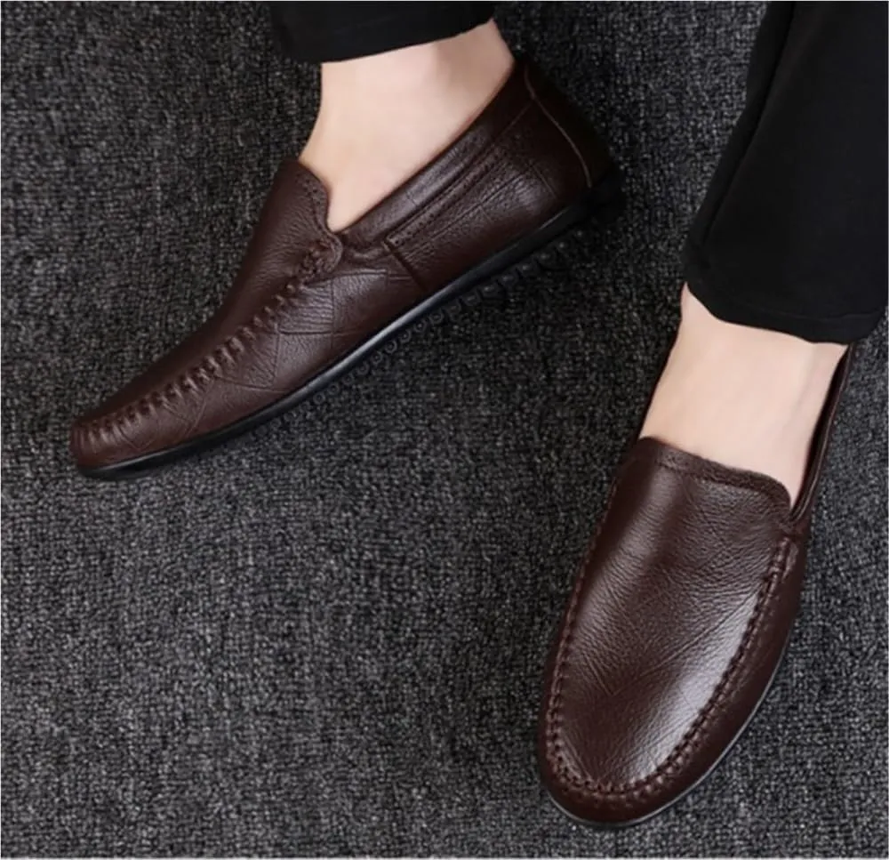 Mens Loafers Shoe Round Toe Lightweight Flexible Flat Heel Rubber Sole Genuine Leather Stitching Details