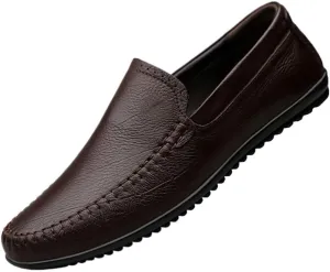 Mens Loafers Shoe Round Toe Lightweight Flexible Flat Heel Rubber Sole Genuine Leather Stitching Details