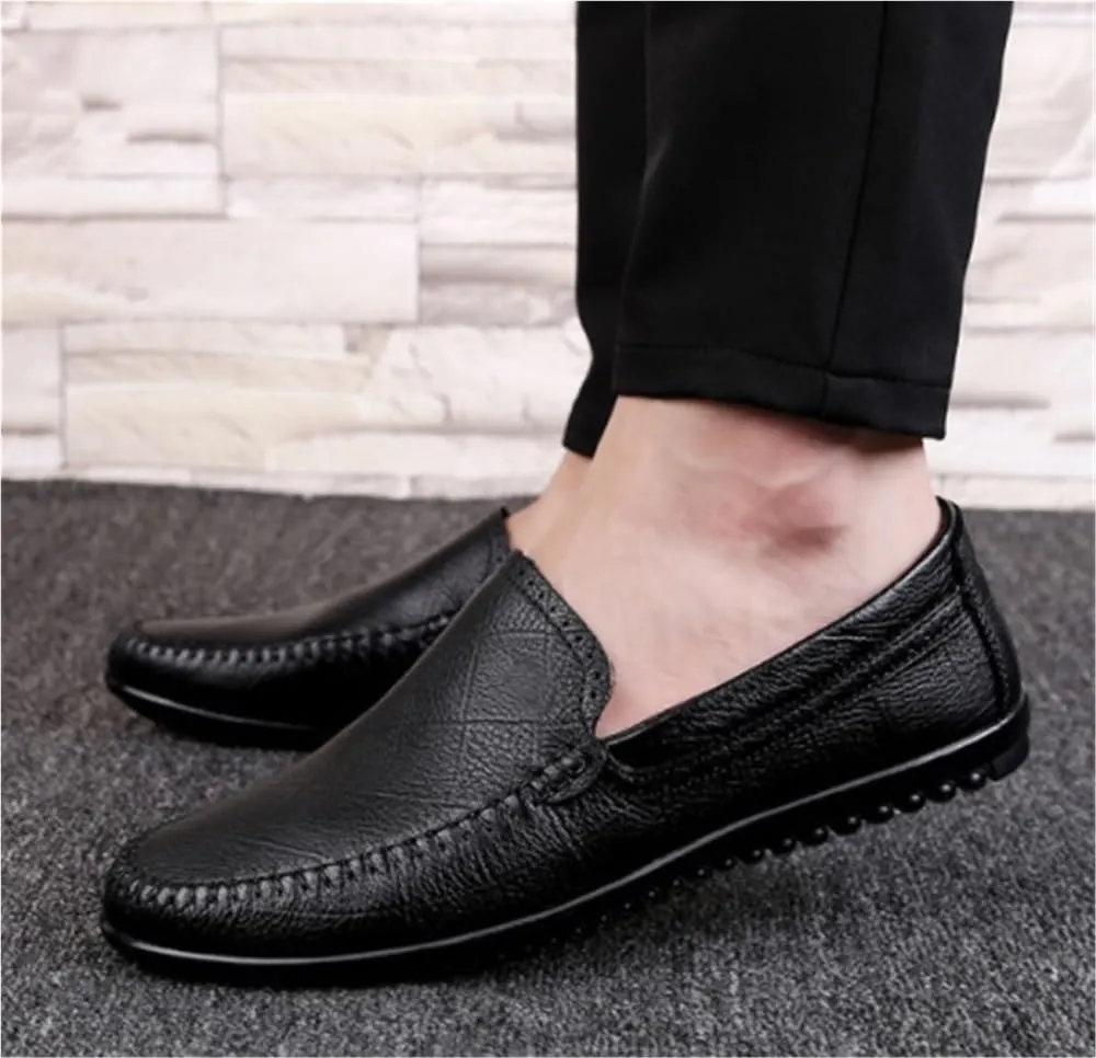 Mens Loafers Shoe Round Toe Lightweight Flexible Flat Heel Rubber Sole Genuine Leather Stitching Details