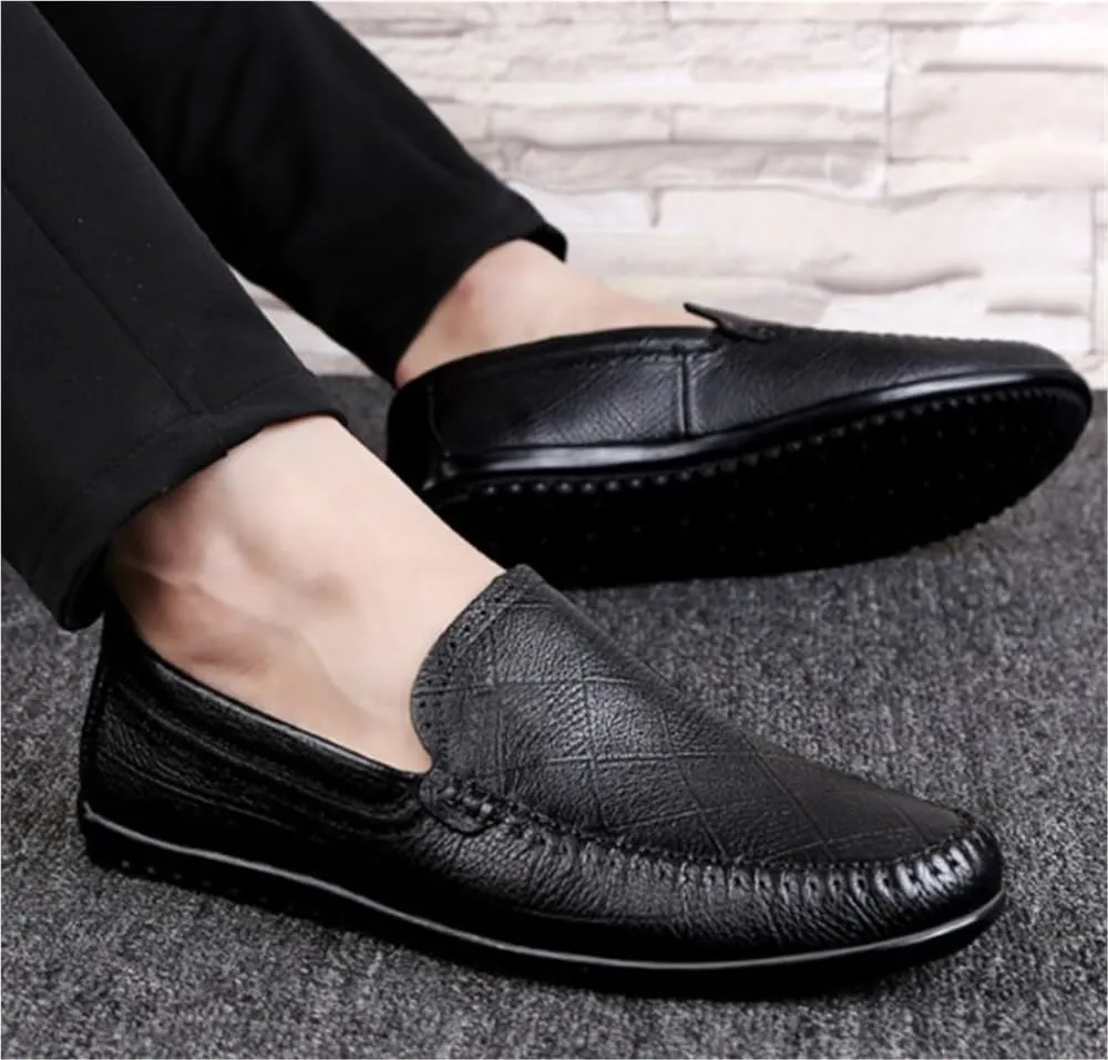 Mens Loafers Shoe Round Toe Lightweight Flexible Flat Heel Rubber Sole Genuine Leather Stitching Details
