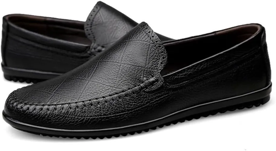 Mens Loafers Shoe Round Toe Lightweight Flexible Flat Heel Rubber Sole Genuine Leather Stitching Details