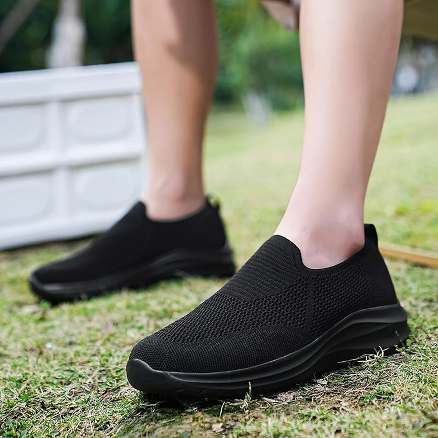 Men's Low Top Sock Shoes Convenient Slip On Mesh Sneakers Versatile Elastic Knit Walking Shoes Elderly Shoe