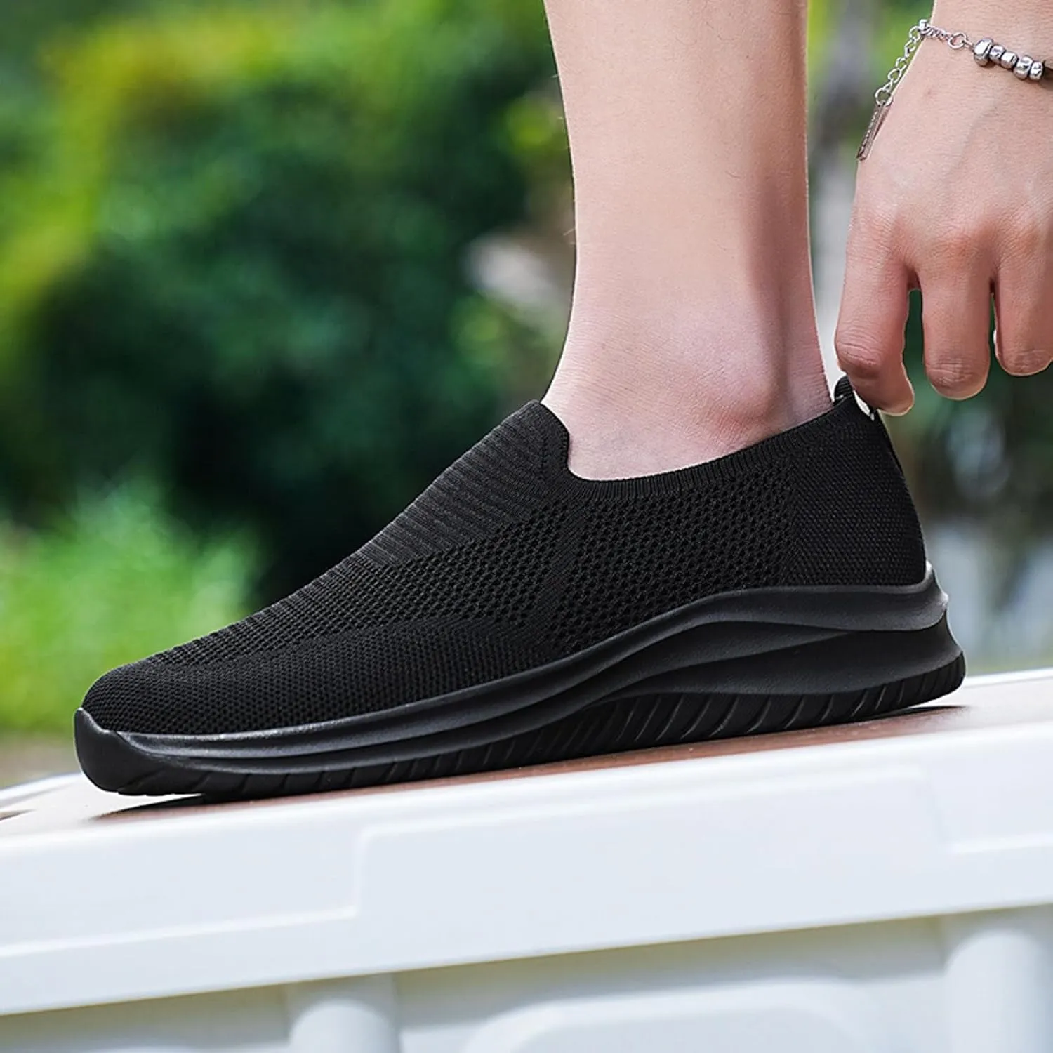 Men's Low Top Sock Shoes Convenient Slip On Mesh Sneakers Versatile Elastic Knit Walking Shoes Elderly Shoe