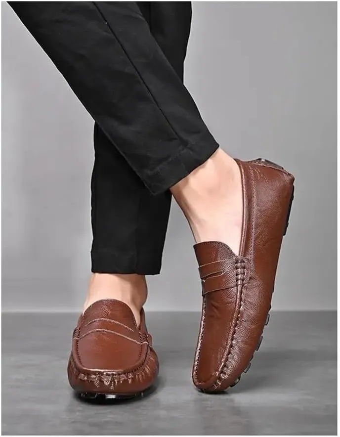Mens Outdoor Walking Slip On Loafers Driving Loafers PU Leather Boat Shoes Flat Heel Resistant