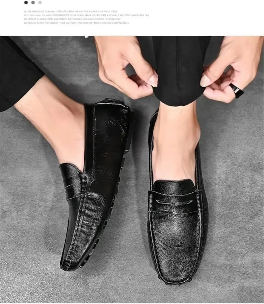 Mens Outdoor Walking Slip On Loafers Driving Loafers PU Leather Boat Shoes Flat Heel Resistant