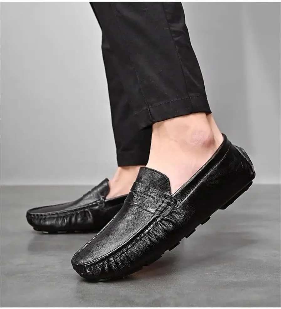 Mens Outdoor Walking Slip On Loafers Driving Loafers PU Leather Boat Shoes Flat Heel Resistant