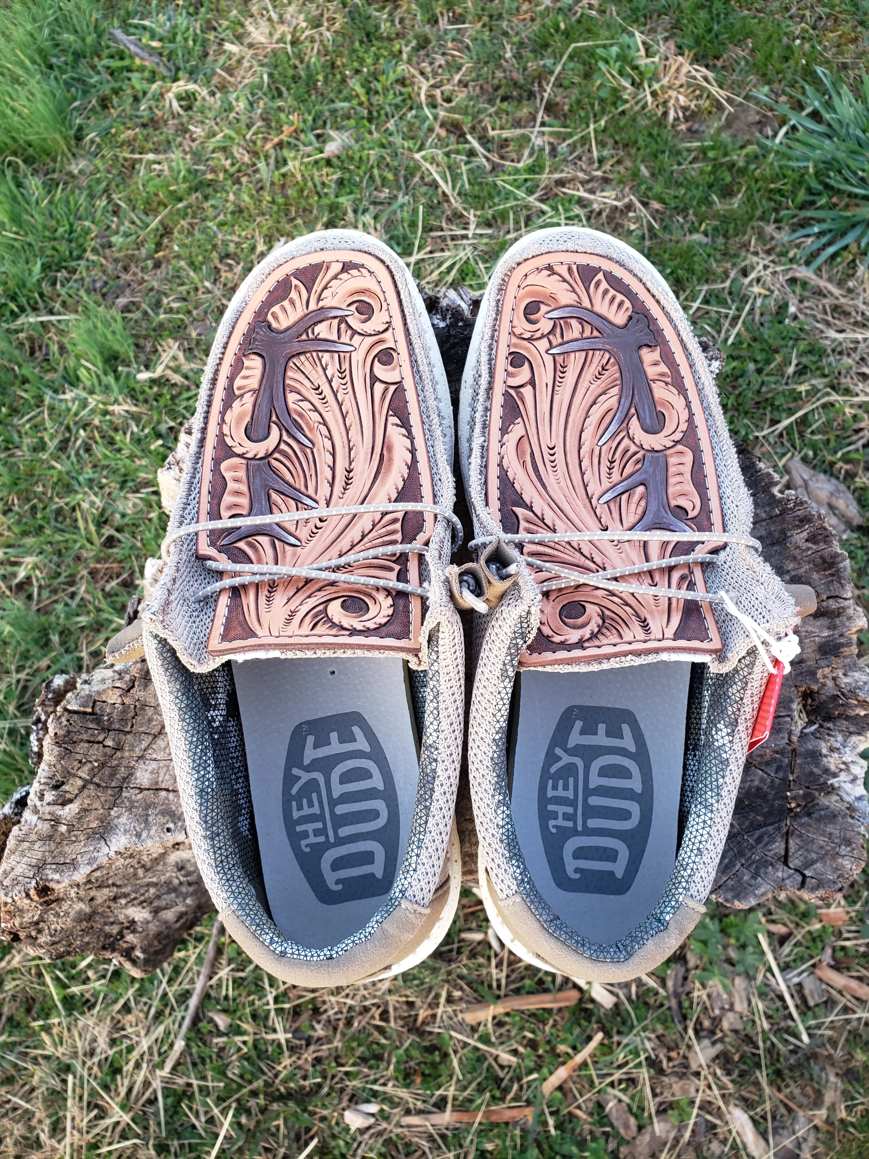 Men's size 10 loafers with custom tooled leather patches