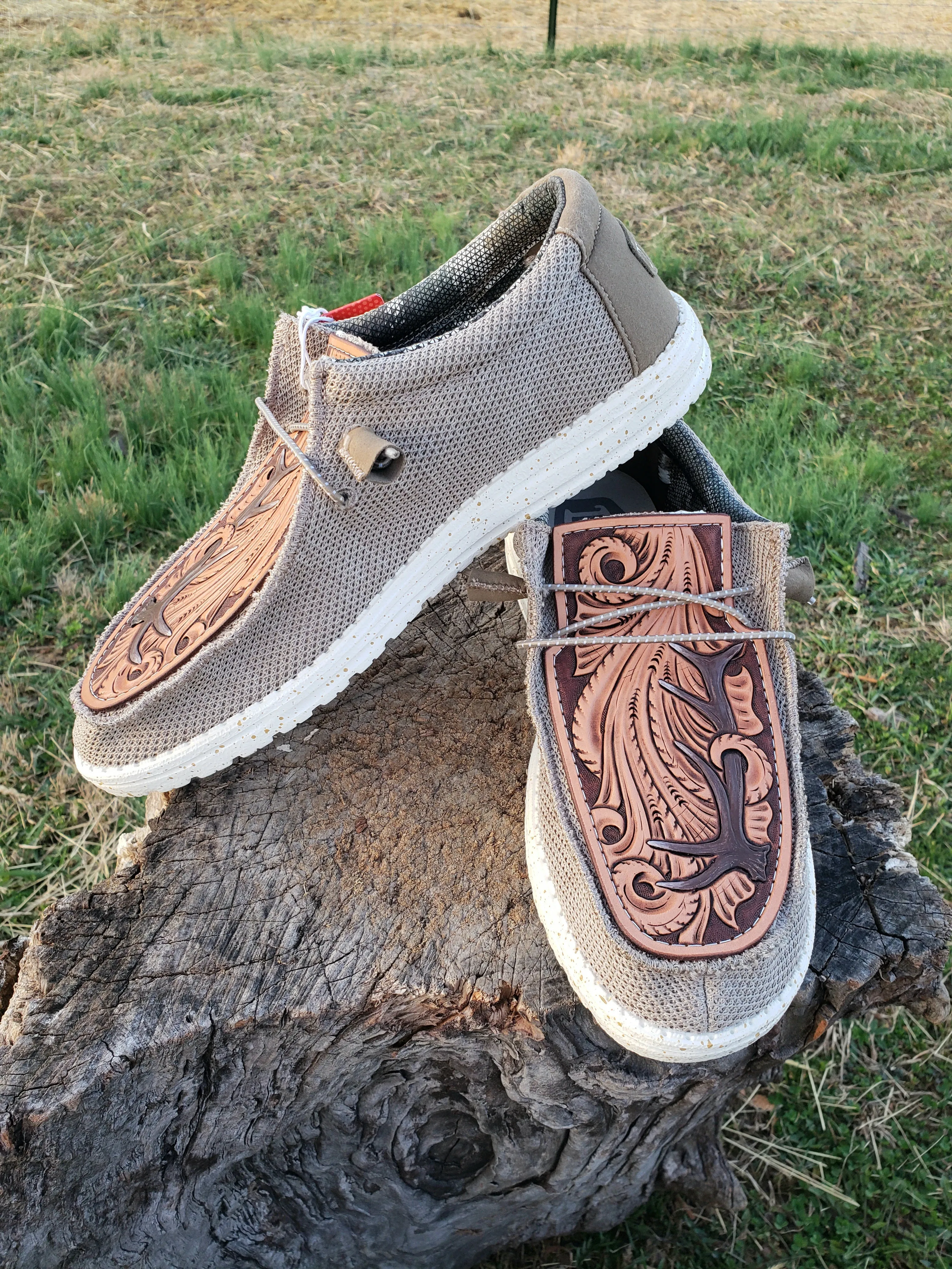 Men's size 10 loafers with custom tooled leather patches
