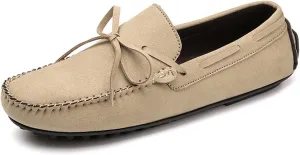 Men's Suede Leather Bow Tie Flat Loafers Classic Round Toe Non-Slip Soft Sole Driving Slip-On Business Moccasins Boat Shoes
