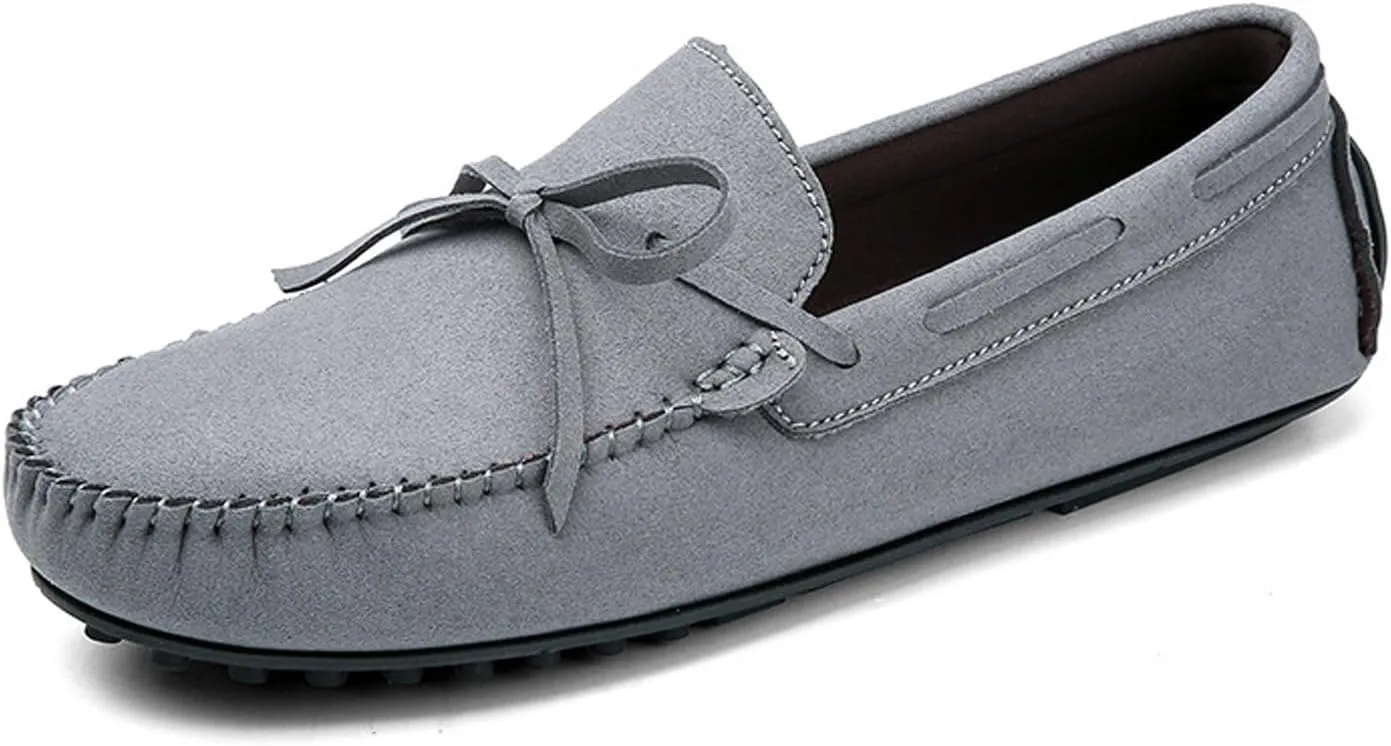 Men's Suede Leather Bow Tie Flat Loafers Classic Round Toe Non-Slip Soft Sole Driving Slip-On Business Moccasins Boat Shoes