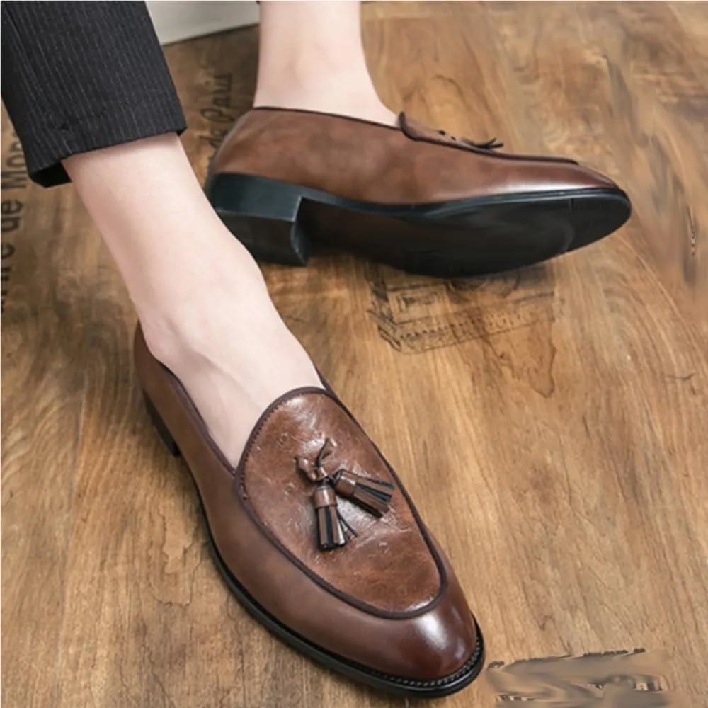 Mens Tassel Loafers Shoe Leather Resistant Flat Heel Flexible Prom Walking Slip On