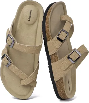 Merking Women's Slide Sandals with Cork Footbed Open Toe Adjustable Slip On Slippers Comfort Flat Summer