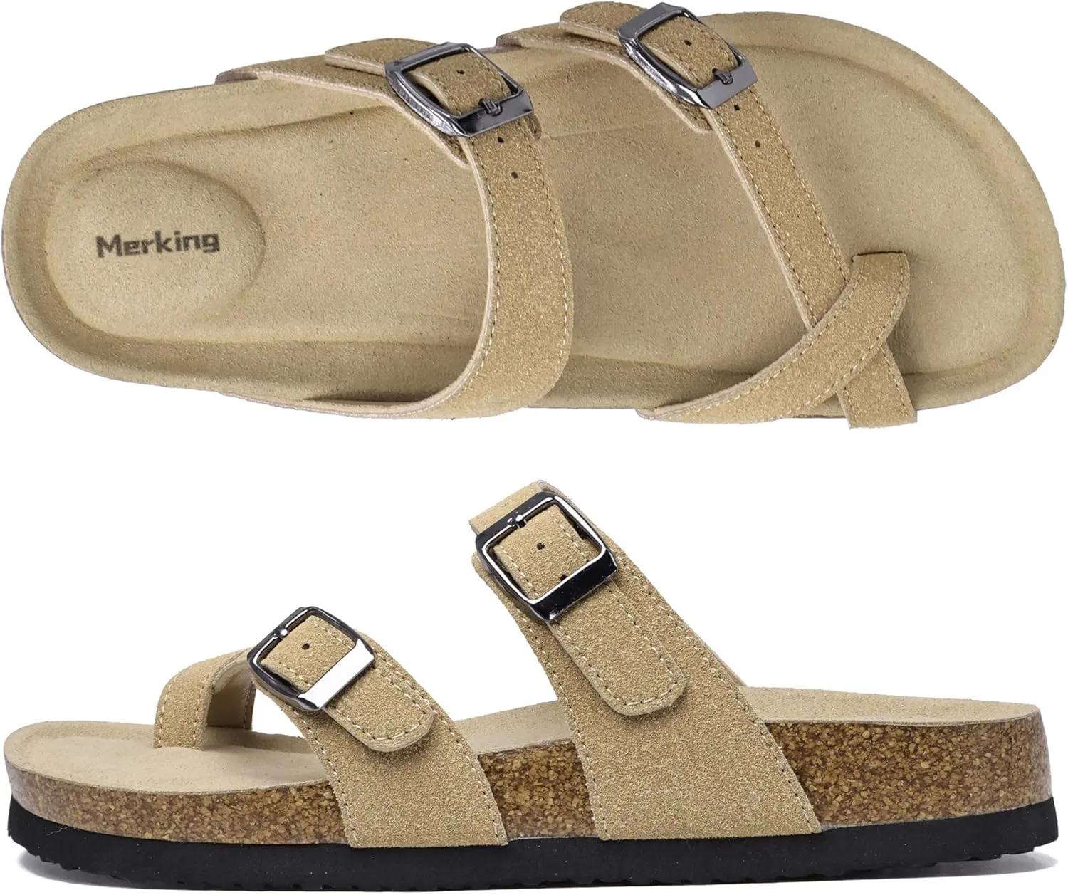 Merking Women's Slide Sandals with Cork Footbed Open Toe Adjustable Slip On Slippers Comfort Flat Summer