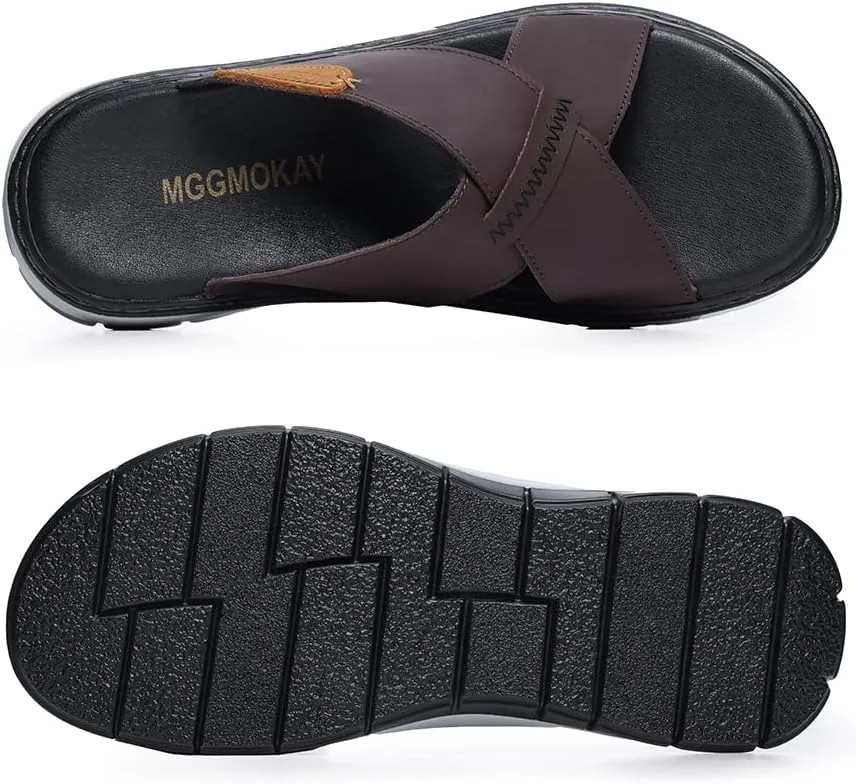 MGGMOKAY Mens Cross Slides Sandals Summer Leather Slipper Anti-Slip Comfortable Sandals