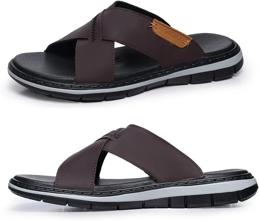 MGGMOKAY Mens Cross Slides Sandals Summer Leather Slipper Anti-Slip Comfortable Sandals