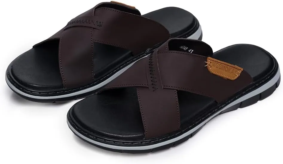 MGGMOKAY Mens Cross Slides Sandals Summer Leather Slipper Anti-Slip Comfortable Sandals