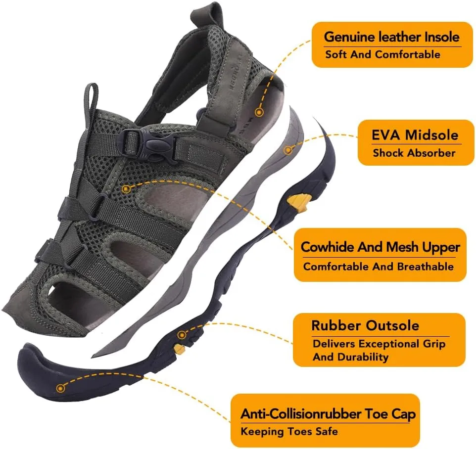MGGMOKAY Men's Leather Closed Toe Sandals For Hiking Walking Water Beach Athletic Outdoor Fisherman Sandal