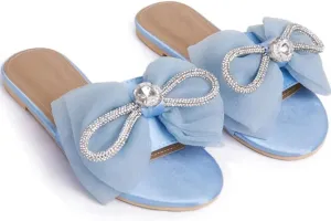 MissHeel Tulle Bow Flat Sandals with Rhinestone