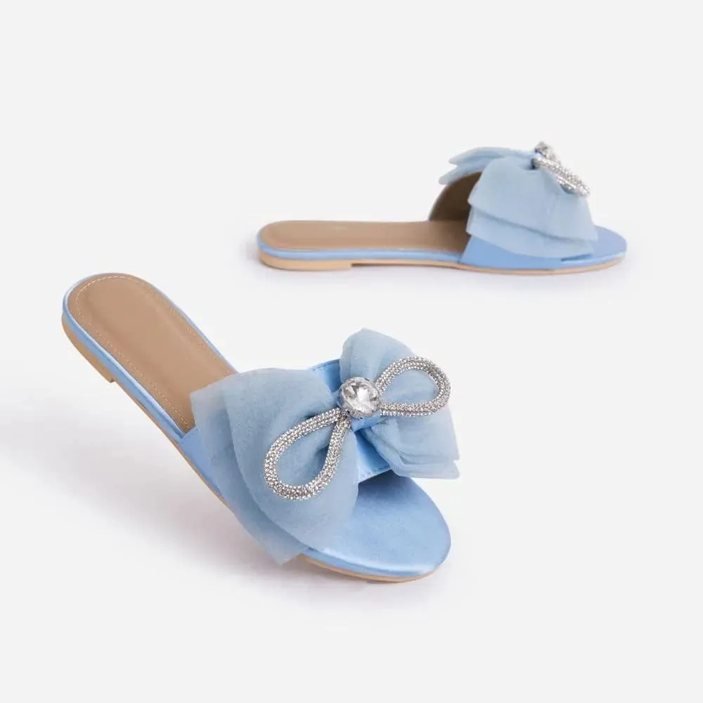 MissHeel Tulle Bow Flat Sandals with Rhinestone