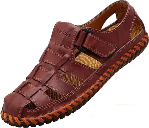 Moodeng Mens Sport Sandals Closed Toe Outdoor Fisherman Shoes Leather Summer Beach Loafters Breathable Anti-Slip