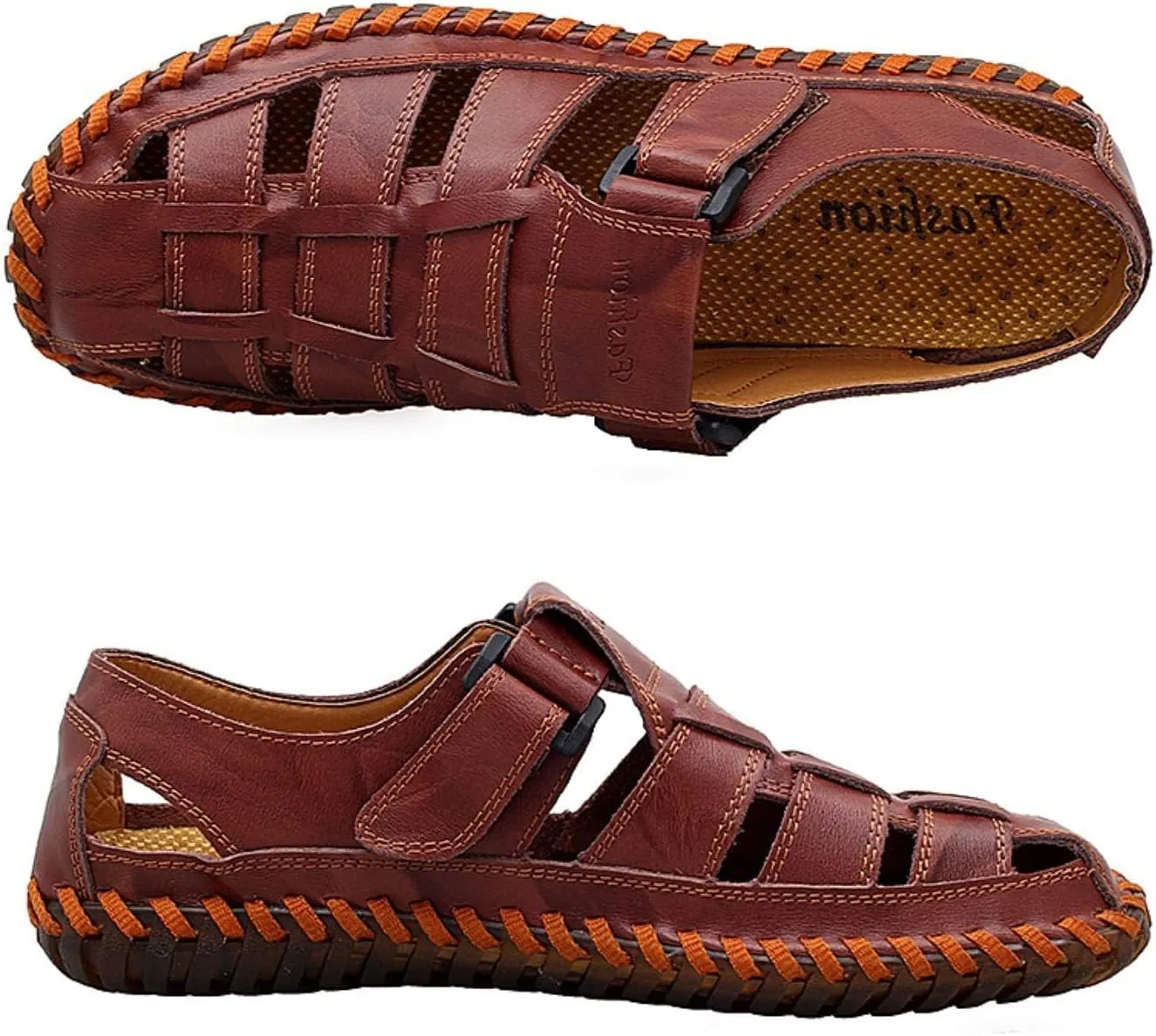 Moodeng Mens Sport Sandals Closed Toe Outdoor Fisherman Shoes Leather Summer Beach Loafters Breathable Anti-Slip