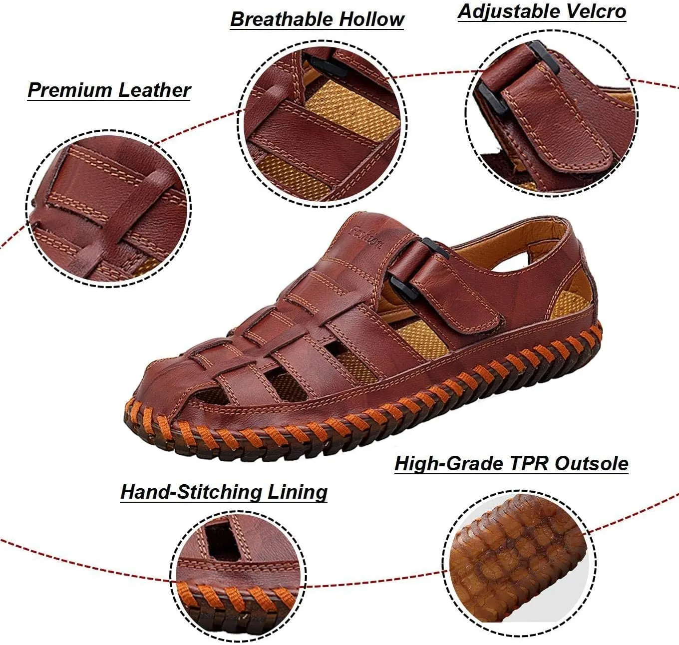 Moodeng Mens Sport Sandals Closed Toe Outdoor Fisherman Shoes Leather Summer Beach Loafters Breathable Anti-Slip