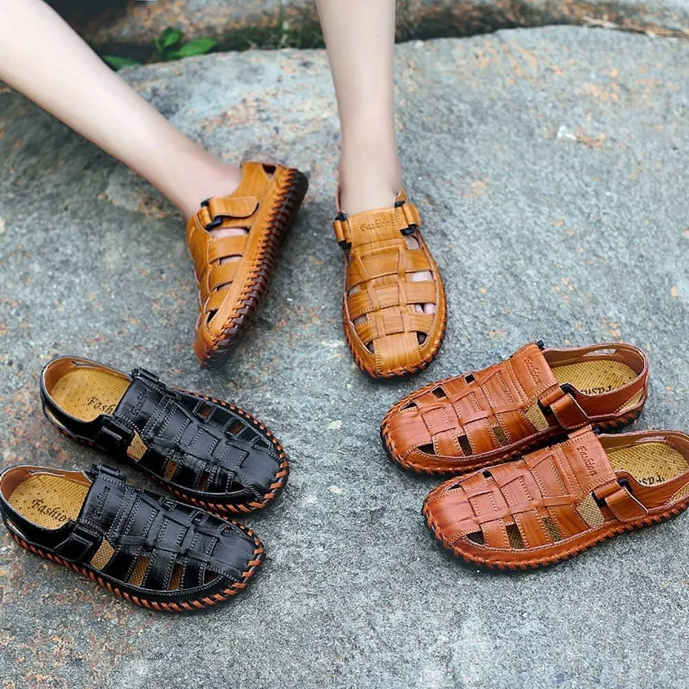 Moodeng Mens Sport Sandals Closed Toe Outdoor Fisherman Shoes Leather Summer Beach Loafters Breathable Anti-Slip