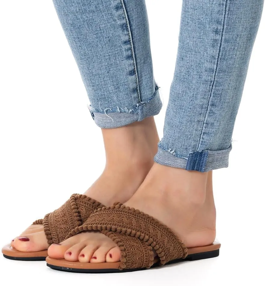 Mtzyoa Women Flat Sandals Braided Leather Crossover Nude Dressy Fashion Evening Party Wedding Sandals