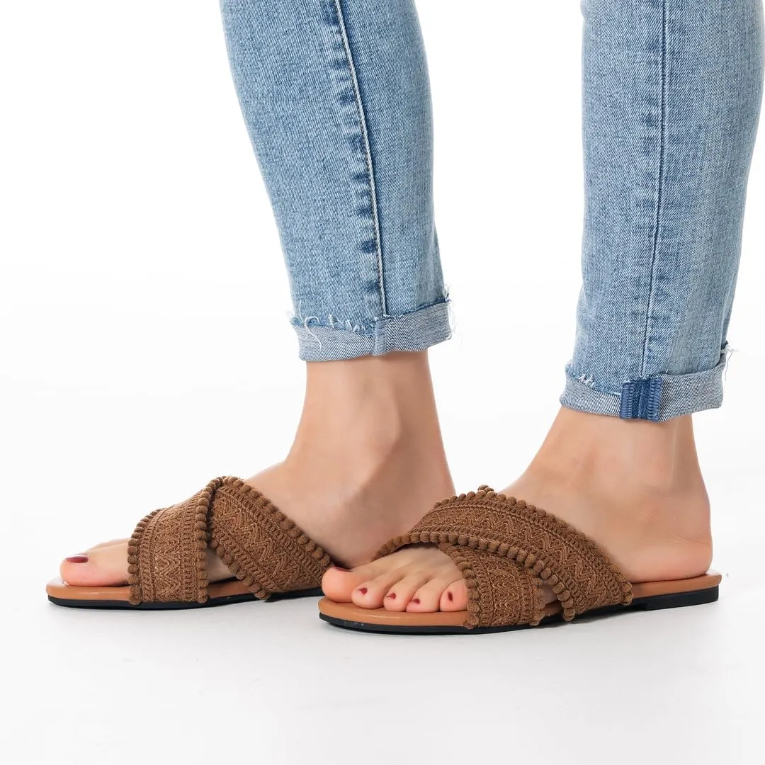 Mtzyoa Women Flat Sandals Braided Leather Crossover Nude Dressy Fashion Evening Party Wedding Sandals